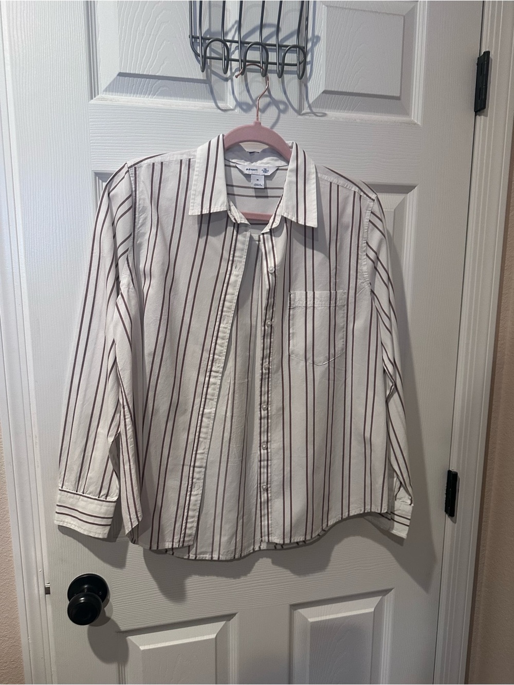 Old Navy Cream Button-Down Shirt with Burgundy Stripes
